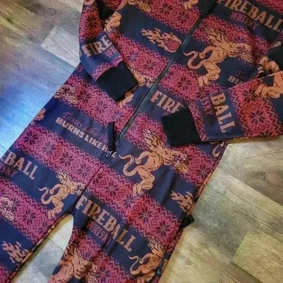Fireball Whiskey Holiday One Piece Zip-Up Pajamas Size Large - Picture 3 of 10